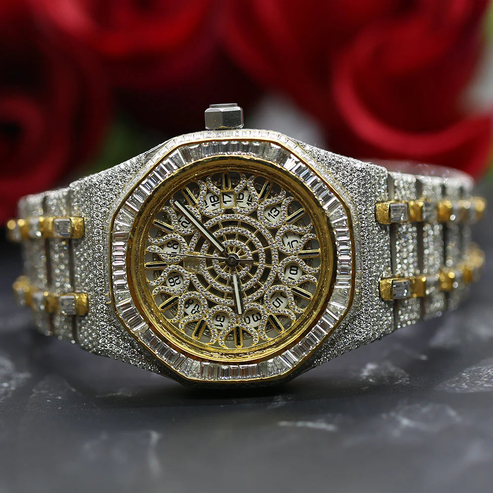 silver and gold design diamond watch