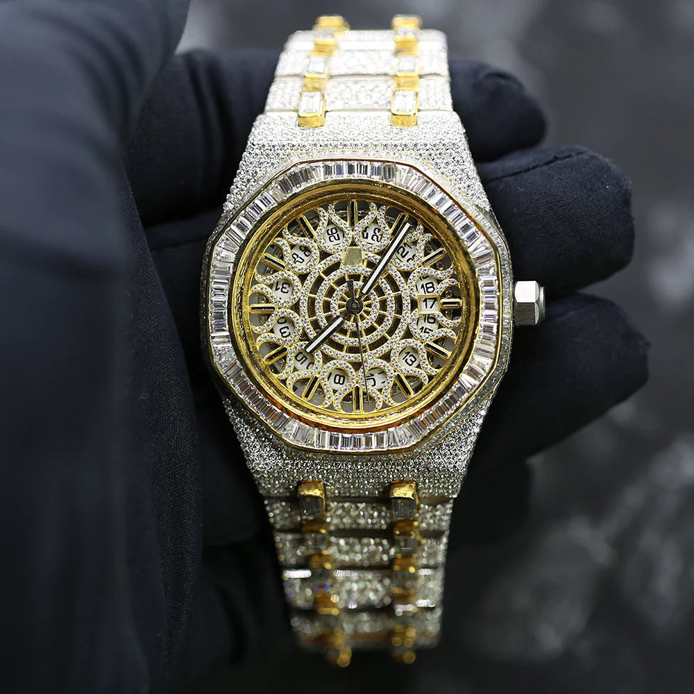silver and gold design diamond watch